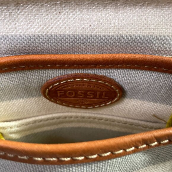 Fossil Crossbody Bag Stipe Gray Biege Adjustable Strap Canvas Purse u - Picture 9 of 9